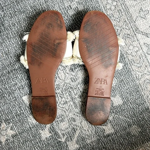 Zara Cream Slide Sandals Fringe - Picture 3 of 3